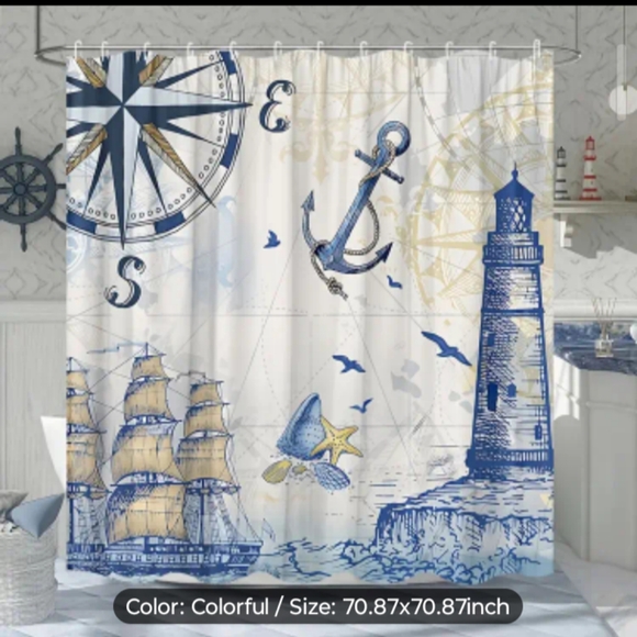 Nautical Lighthouse Coastal Theme Shower Curtain w/Hooks Machine Washable - Picture 1 of 5